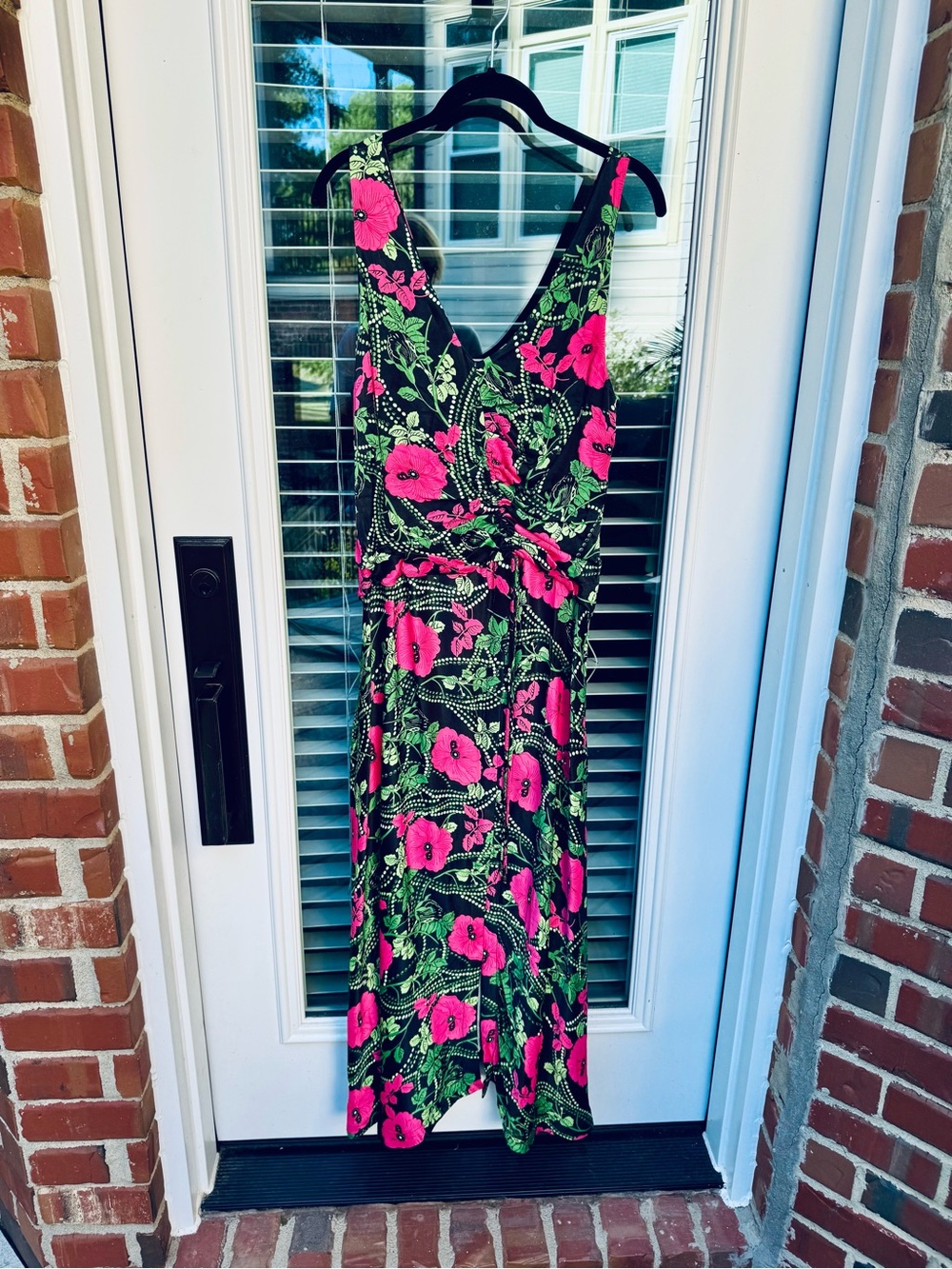 Anthropologie Black Maxi Dress with Pink Floral & Green Leaves